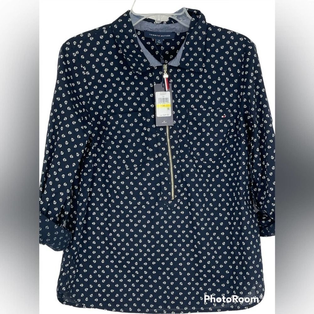 NWT TOMMY HILFIGER Long 3/4 sleeve zip front top, blouse, size MEDIUM